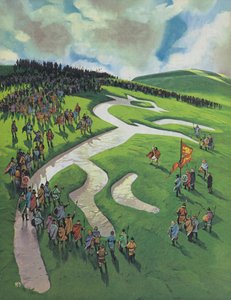 Bílý kůň v Uffingtonu, postavený Alfrédem Velikým po bitvě u Ashdownu proti Dánům (barevná litografie) od Angus McBride