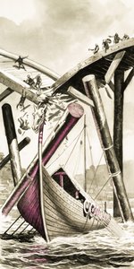 Neidentifikovaný vikingský dlouhý člun ničící most od Angus McBride