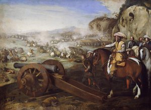 Kapitán na koni přikazuje střílet z děla během bitvy, obraz od Aniella Falconea (1607-1656), olej na plátně, 94x131 cm
