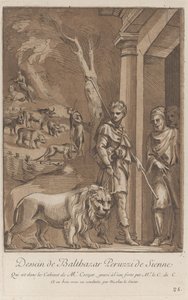 Pastýř držící lva na vodítku v popředí, uprostřed shi..., ca. 1729-64 od Anne Claude Philippe de