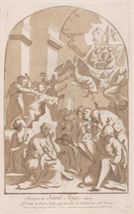 Mučednictví svatého Angela, který je vlevo nahoře pobodán, sledován děsivým..., 1729-64. od Anne Claude Philippe de Caylus