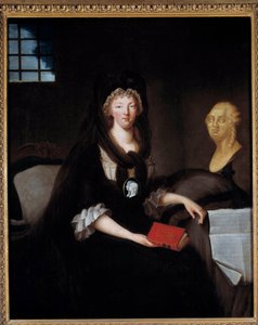 Portrét Marie Antoinetty (1755-1793) ve velkém smutku ve věznici Temple (nebo Marie Antoinetty na Concierge ve smutku, s portrétem představujícím delfína, držící knihu o životě Marie, královny Skotska, poblíž busty Ludvíka XVI. a h od Anne Flore Millet de Brehan
