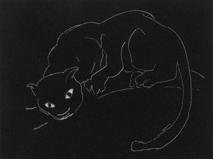 Noční série: Kočka (litho, bílá čára na tkaném papíře)