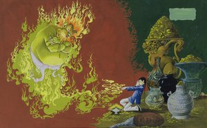Aladdin, ilustrace z Deans Gold Medal Book of Fairy, Tales Number 2 pub. od Dean & Sons Ltd., 1965 (kvaš na tónovaném papíře) od Anne Grahame Johnstone