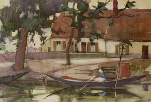 Loď na kanálu, francouzská vesnice od Anne Redpath