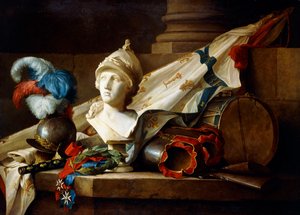 Busta Minervy s brněním a zbraněmi na kamenné římse, 1777