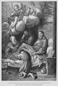 Svatý František z Assisi, trpící nemocí, je uzdraven zvukem nebeského nástroje (litho) od Annibale (after) Carracci