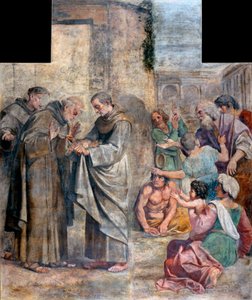 Zázrak růží - obviněný z krádeže jídla, španělský františkánský mnich Saint Diego z Alcaly (1400-1463) zjišťuje, že potraviny skryté v jeho zvyku, aby je dával chudým, se proměnily v růže - Obraz Annibale Carracci (An od Annibale Carracci