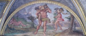 Luneta zobrazující Aenea prchajícího z hořící Tróje, který nese svého otce Anchise a za ním Ascanius nesoucí jeho matku, z Camerina, 1596 od Annibale Carracci