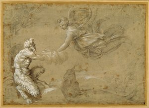 Pánev předkládající vlnu Dianě (pero a hnědý inkoust s hnědým praním) od Annibale Carracci