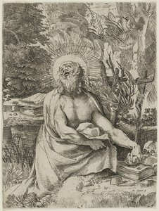 Svatý Jeroným v divočině, kolem 1591 (lept s rytinou na položený papír, iiiiv) od Annibale Carracci