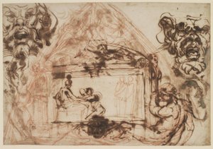Návrh pro výzdobu pláště klenby. Do Galleria Farnese, Palazzo Farnese v Římě. Také navrhnout dva mascheroni od Annibale Carracci