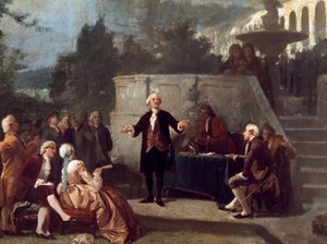 Italský dramatik Carlo Goldoni (1707-1793) deklaruje sonet před členy Colonia Alfea (ekvivalent Arkádské akademie v Pise) ve Scottově zahradě v Pise Malba Annibale Gattiho (1828 - 1909) od Annibale Gatti