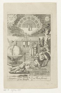 Ambrosius Theodosius Macrobius leunend op teen naast globe Zlato Theod. Macrobius Opera Cum Notis (název na objektu) Titulní stránka: Ambrosius Theodosius Macrobius, Aur. Theodosius Macrobius V. Cl. & Illustrious Works, 1694 od Anonymous