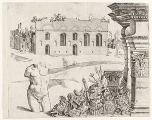 Architektura capriccio se spolia, mužské torzo a pohled na Diokleciánovy lázně od Anonymous