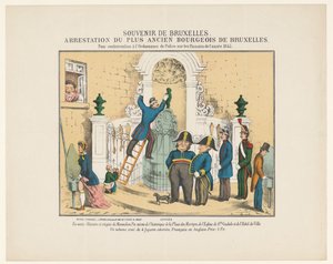 Zatčení Manneken Pis, 1845 Suvenýr z Bruselu. Zatčení nejstarší bruselské buržoazie. Za porušení policejního nařízení o pisoárech z roku 1845 (název na předmětu) od Anonymous