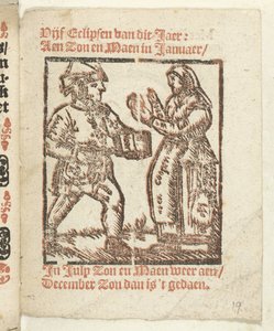 Stránka se stojícími postavami prodavače a ženy, 1712 Ve kterém Lidt de Maen je / kde zemřeš / odejít nahý, pokud to není skvělá poznámka; Als Peste / Pleures is / ende sulck quaet / oock niet sonder des Meestersraet (název na objektu) od Anonymous