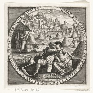 De maand juni, hooimaken, ca. 1600 De twaalf maanden van het jaar verbeeld in scènes uit het volksleven (název série) Schémata 12 měsíců s jejich operacemi a jejich aplikací na znamení zvěrokruhu, rozdělená do čtyř částí roku (název série na objektu) od Anonymous