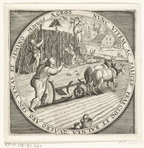 De maand maart, ploegen, ca. 1600 De twaalf maanden van het jaar verbeeld in scènes uit het volksleven (název série) Schémata 12 měsíců s jejich operacemi a jejich aplikací na znamení zvěrokruhu, rozdělená do čtyř částí roku (název série na objektu) od Anonymous