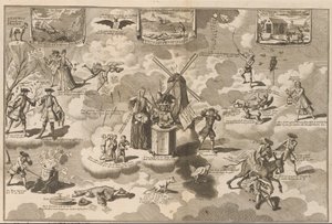 Poražený akcionista ve zvonícím křesle, 1720 Poražený akcionista v křesle s Rinkelsem, přemluvený trojským koněm Lauwerd (název na předmětu) The Great Scene of Folly (název série) od Anonymous