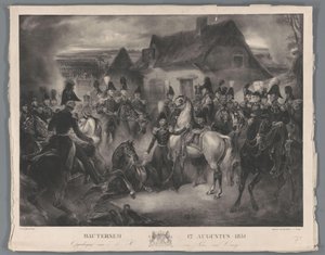 Náhrada zraněného koně prince Oranžského (pozdějšího krále Viléma II.), během bitvy u Boutersemu, 12. srpna 1831 Bautersem 12. srpna 1831 (název na objektu) od Anonymous