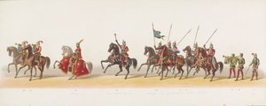 Delftský průvod z roku 1873 (třetí deska) Kostýmovaný průvod pořádaný členy delftského studentského sboru dne 8. července 1873, zobrazující vjezd Karla van Egmonda, vévody z Gelre, hraběte ze Zutphenu, do Arnhemu v roce 1492 (série ti od Anonymous