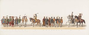 Delftský průvod z roku 1873 (šestý talíř) Kostýmovaný průvod pořádaný členy delftského studentského sboru dne 8. července 1873, zobrazující vjezd Karla van Egmonda, vévody z Gelre, hraběte ze Zutphenu, do Arnhemu v roce 1492 (série ti od Anonymous