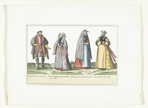 Tři ženy a muž oblečený v německé módě, kolem roku 1580 Kostýmy Allemands (název na předmětu) od Anonymous