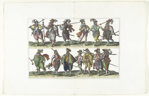 Dvojitý štítek s třinácti ozbrojenými civilisty v uniformách podle módy v Antverpách, cca 1580 Bourgeois d