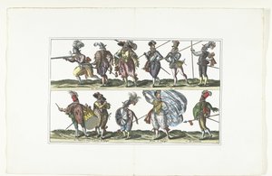 Dvojitý štítek s jedenácti ozbrojenými civilisty v uniformách podle módy v Antverpách, asi 1580 Bourgeois d