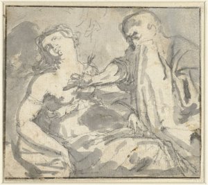 Muž vyjme šíp z ženského prsu (Cephalus a Procris?) od Anonymous