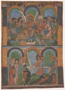 Fragment z liturgické knihy: Poslední večeře a tři ženy u prázdného hrobu od Anonymous