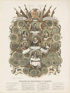 Pamětní a slavnostní deska s portréty Viléma I., prince Oranžského, jeho synů Mauritse a Frederika Hendrika, princů Oranžských, jeho bratrů Lodewijka, Adolfa a Hendrika, hrabat z Nassau a Willema Bloyse van Treslonga od Anonymous