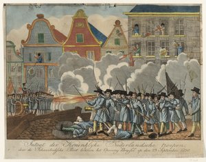Boje v Schaerbeekse Poort v Bruselu, 1830 Intogt der Royal Dutch vojska, přes Schaerbeeksche Poort v rebelském Bruselu 23. září 1830 (název na předmětu) od Anonymous