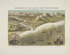 Pohled na Aceh během druhé expedice Aceh, 1873-1874 Mapa obléhání Atchina a jeho obrany. (Pohled z ptačí perspektivy.) (nadpis na předmětu) od Anonymous