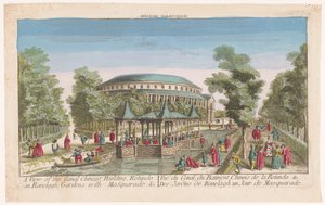 Pohled na rotundu a čínský pavilon na kanálu v londýnských Ranelagh Gardens s maškarním plesem Pohled na čínskou budovu kanálu, Rotunde v Ranelagh, zahrady, s maškarádou. &c (název na objektu) od Anonymous