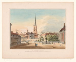 Pohled na kostel Riddarholmen ve Stockholmu Stockholm. Utsigt af Riddakholmen fran Riddarhustorget (název na objektu) od Anonymous