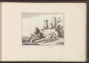 Pohled na ruiny hrobky Horatii a Curatii v Římě Horatiorum et Curatiorum Sepulchrum (název na objektu) Paláce a památky v Benátkách, Livornu, Neapoli a Římě (název série) od Anonymous