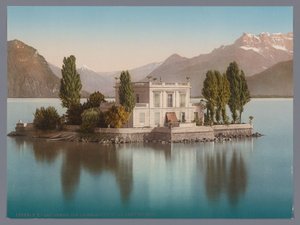 Pohled na Île de Salagnon v Ženevském jezeře, v pozadí Dents du Midi lac Léman, Ile de Salagnon et la Dent du Midi (název na objektu) od Anonymous