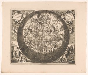 Mapa oblohy se severními souhvězdími Haemisphaerium stellatum boreale cum subiecto haemisphaerio terrestri (název na objektu) od Anonymous