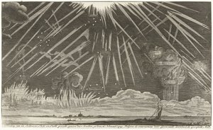 Nebeské jevy, 1729 Obrázek Seldtzame Light and Sky view, viděný večer 16. listopadu: 1729. Podle pozorování Coenraadta Zumbacha de Croesfeldt M.D. (název na objektu) od Anonymous