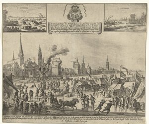 Ledová zábava na zamrzlé Šeldě v Antverpách, 1684 Le vray poutraict, du Triomphe faict sur la glace demy splavný, de la riviere d