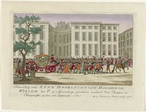 Předjetí prince z Orange, 1787 Předjíždění Zyne Serene Výsosti Willema den V. kresleného v Haagu Burgers a Burgeressen, 20. září 1787 (název na objektu) Barevné německé tisky o událostech z od Anonymous