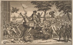John Law na oslu Sancho Panzy, 1720 Law, jako druhý Don-Quichot, se vysmívá Sanches Graauwtje (titul na předmětu) The Great Scene of Folly (název série) od Anonymous