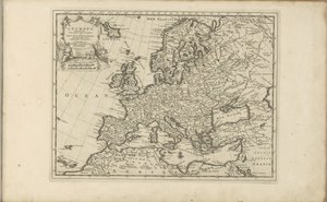 Kaart van Europa Evropa podle nových pozorování pánů Královské akademie věd atd. Rozšířené nové (název na objektu) Východní a Západní Indie a další místa (název série) od Anonymous