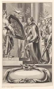 Spravedlnost a víra zvedají Kingovi zrcadlo Titulní strana pro: Petrus Belluga a Camillo Borello, Speculum principum, 1655 od Anonymous