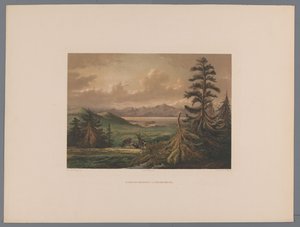 Krajina s Shimabara Bay a Unzen.Vulkán v pozadí Le golfe de Simabara et le volcan Undjing (název na předmětu) Souvenir du Japon vues d