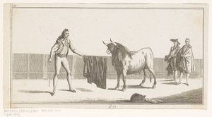 Matador vyzývá býka Coleccion de las principales suertes de una corrida de toros (název série na objektu) Sbírka nejdůležitějších býčích manévrů (název série) od Anonymous