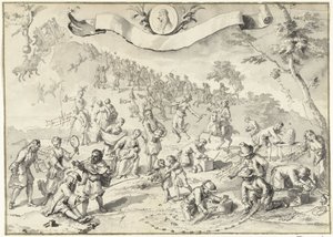 Návrhová kresba tisku Chamtivost se snaží předběhnout Fortunu, 1720 The Great Scene of Folly (název série) od Anonymous