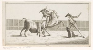 Picador strčí kopí do býka Coleccion de las principales suertes de una corrida de toros (název série na objektu) Sbírka nejdůležitějších býčích manévrů (název série) od Anonymous